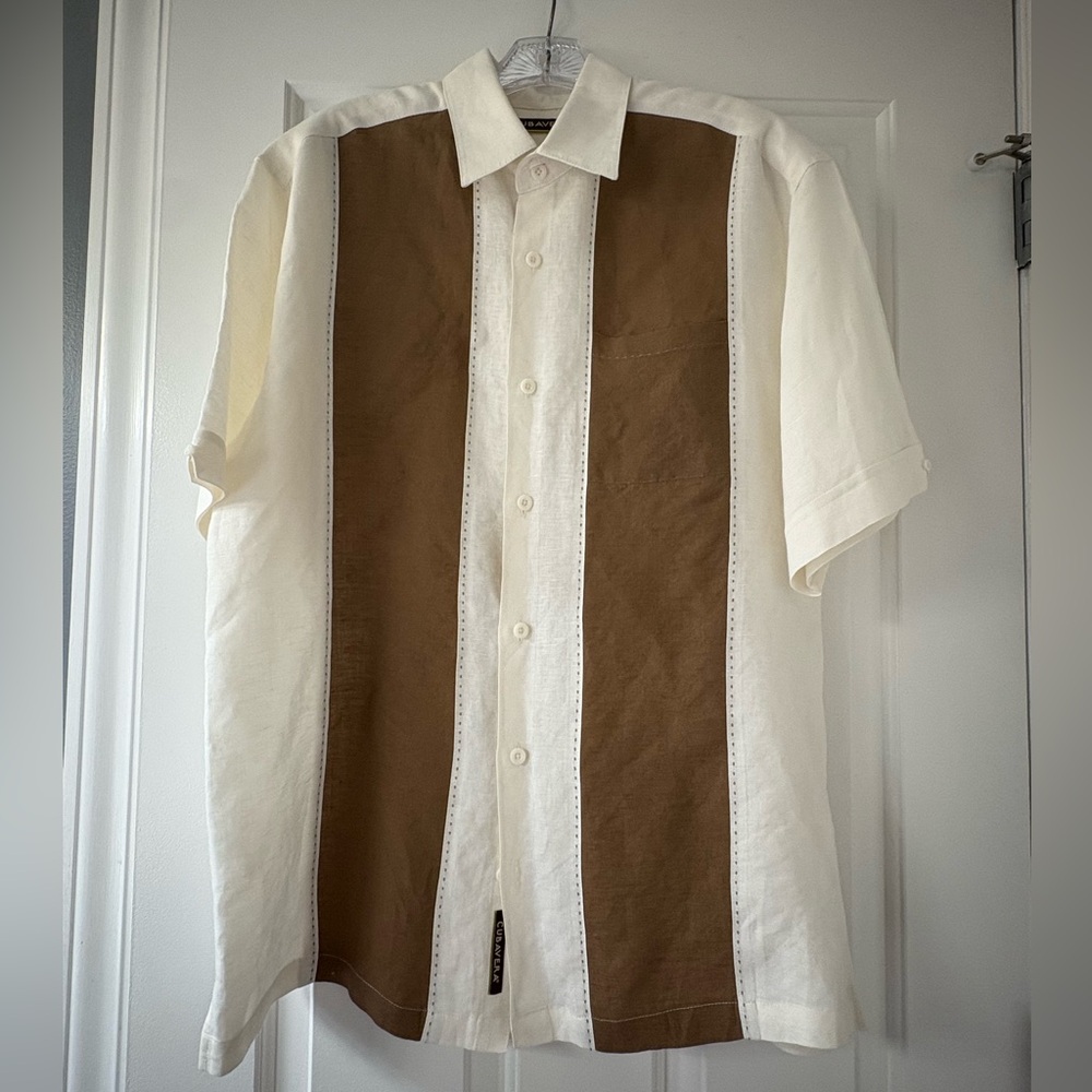 Cubavera Cream and Brown Striped Button Down Shirt (M)